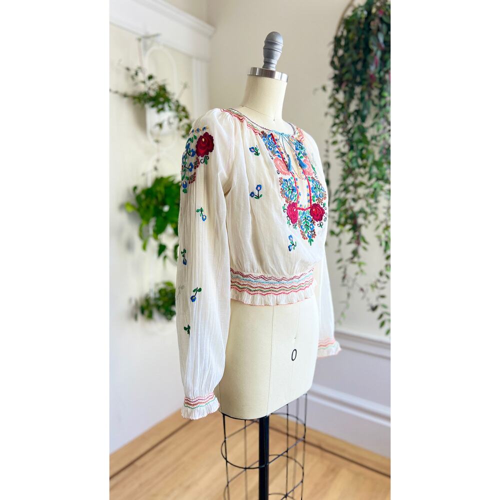 Vintage 1930s Peasant Top 30s Hungarian Floral Embroidered White Folk Blouse - Picture 5 of 10